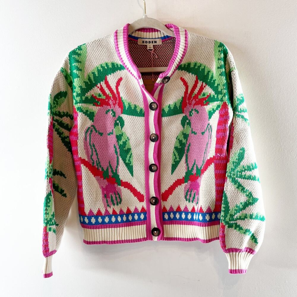 Boden Abi Jacquard Long Sleeve Cardigan Sweater Warm Ivory Palm Tree Birds XS - Picture 4 of 8